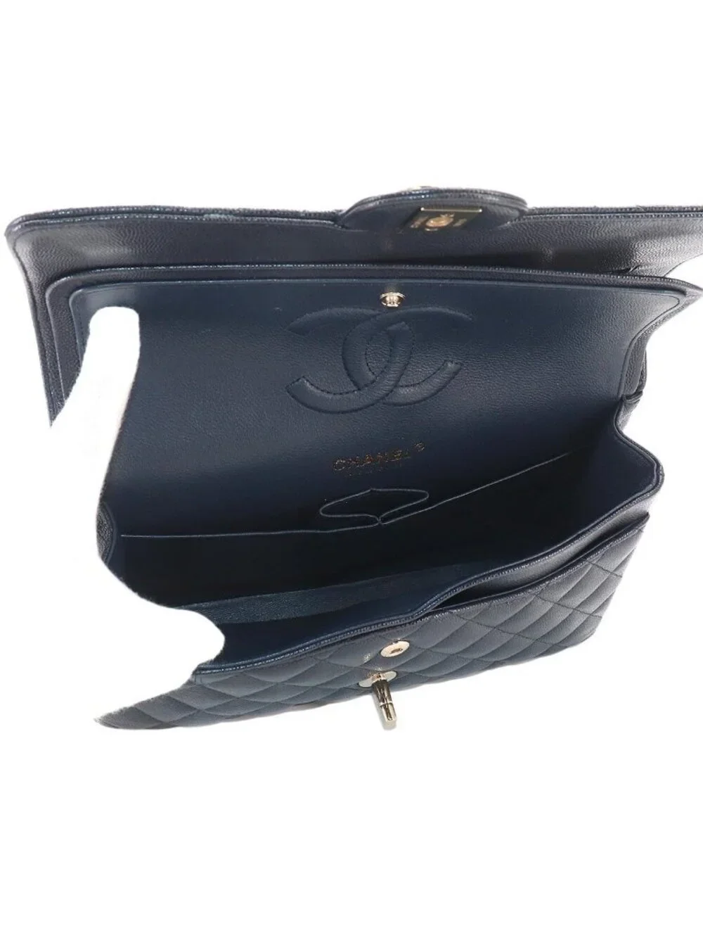 Chanel Quilted 25 Chain Shoulder Bag Caviar Leather Navy Gold